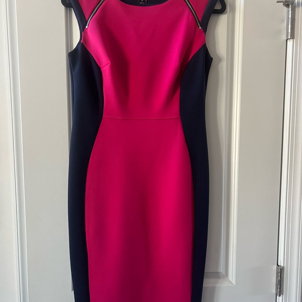 Elegant Pink and Navy Blue Midi Dress